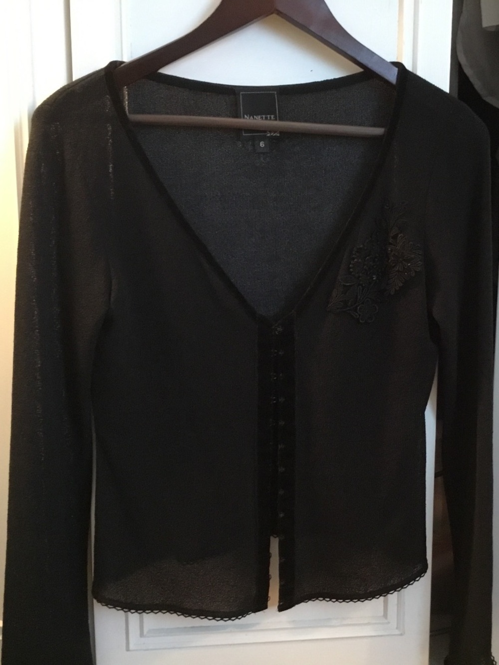 Vintage Nanette Lepore black sweater with floral motif and velvet trim size 6